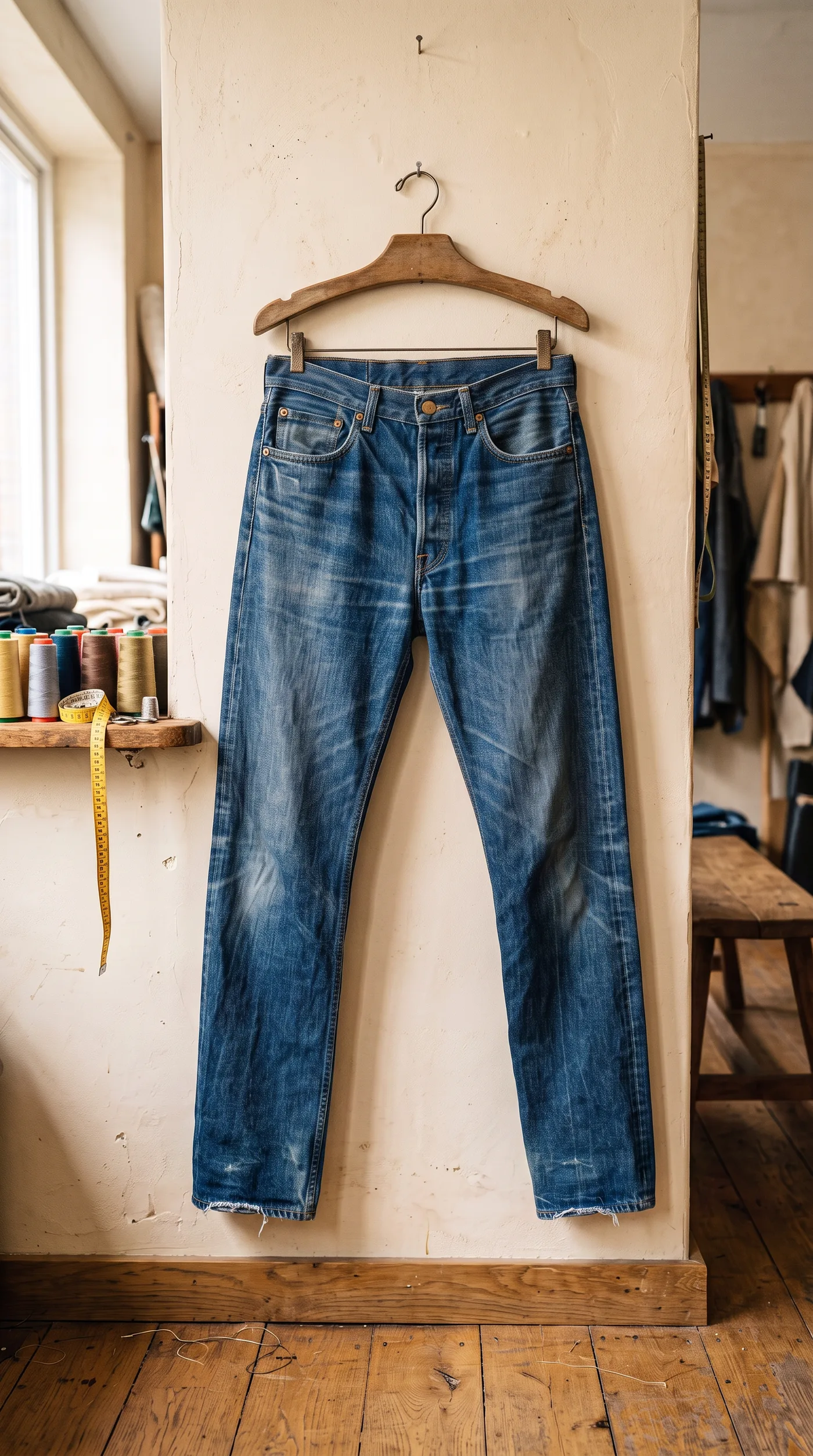 Los mismos jeans después del ajuste de Conny, entallados de la rodilla hacia abajo